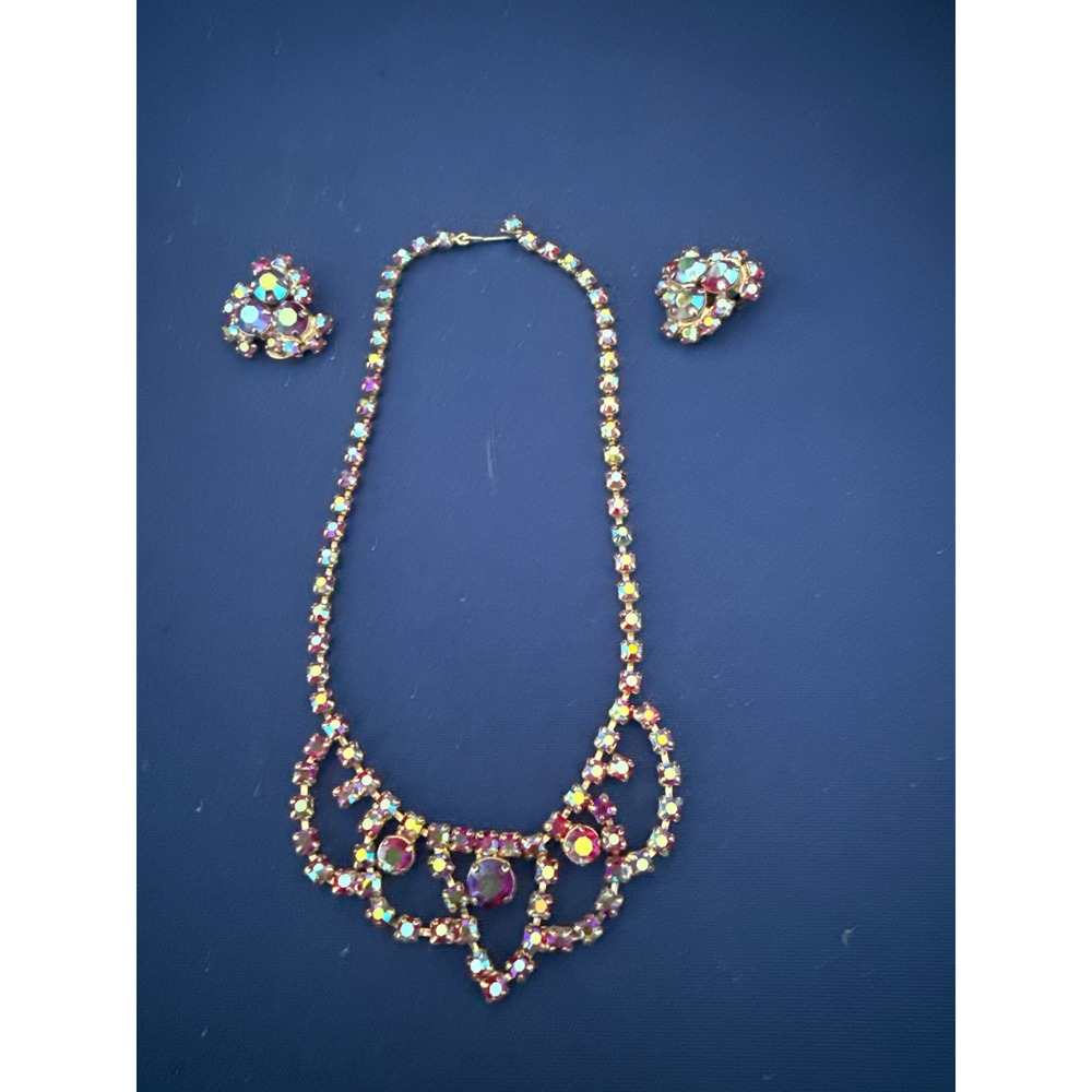 Vintage Aurora Borealis Rhinestone Bib Necklace and Clip Earring Set Gold Tone